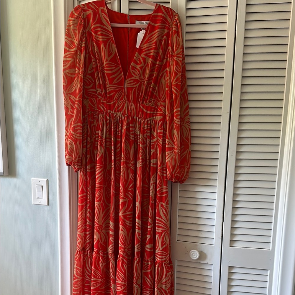 Red Floral Print Long Sleeve Maxi Dress with V-Neck